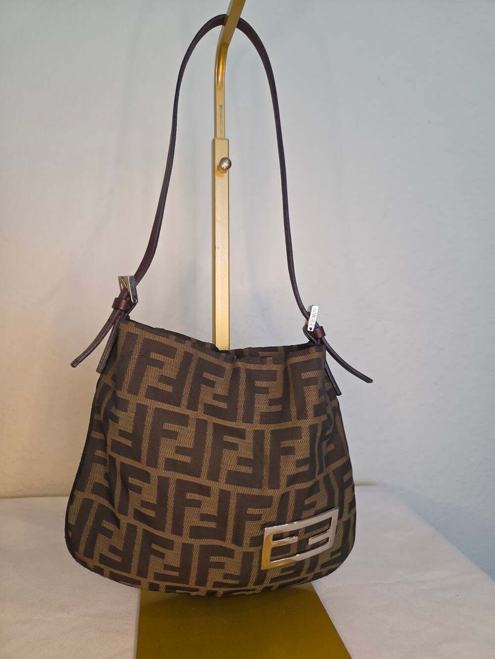 Fendi Zucca Monogram Shoulder Bag Vintage Brown FF Canvas FF Logo Silver